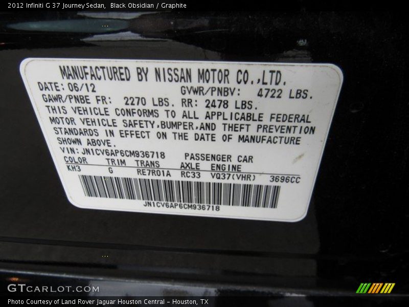 Black Obsidian / Graphite 2012 Infiniti G 37 Journey Sedan