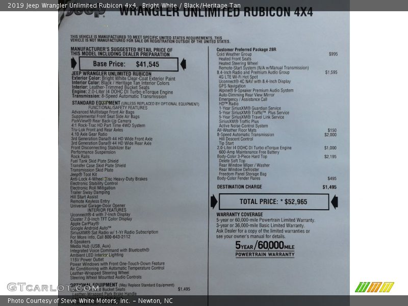Bright White / Black/Heritage Tan 2019 Jeep Wrangler Unlimited Rubicon 4x4