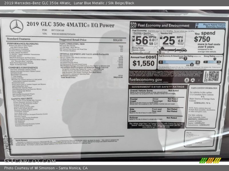 Lunar Blue Metallic / Silk Beige/Black 2019 Mercedes-Benz GLC 350e 4Matic