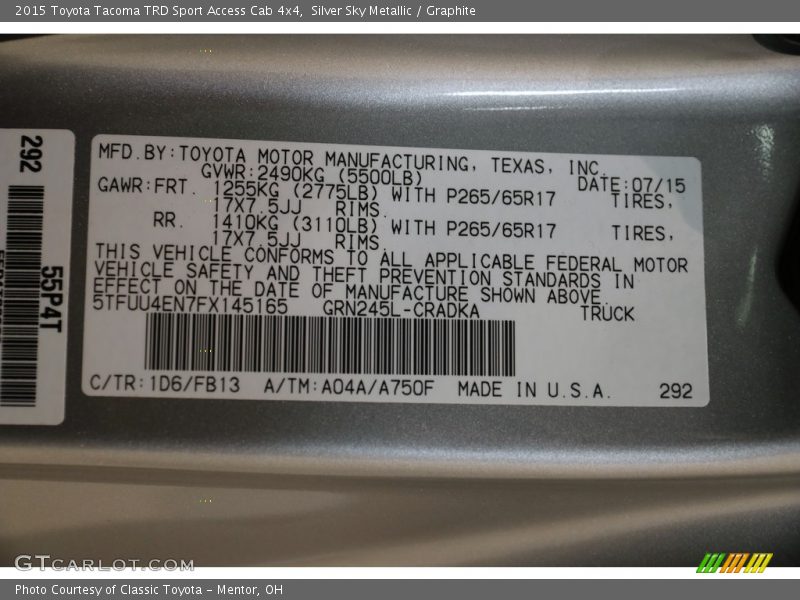 Silver Sky Metallic / Graphite 2015 Toyota Tacoma TRD Sport Access Cab 4x4