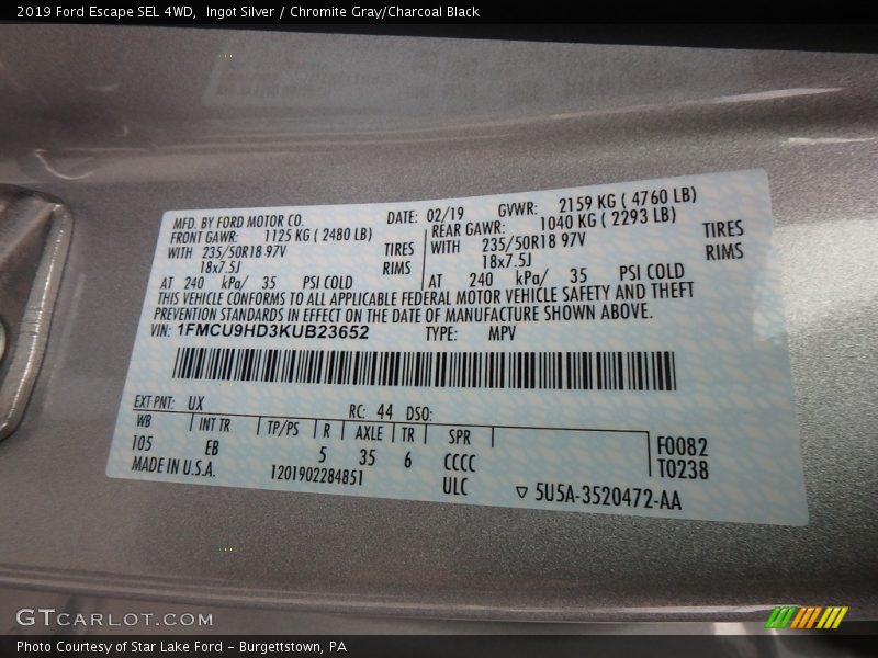 Ingot Silver / Chromite Gray/Charcoal Black 2019 Ford Escape SEL 4WD