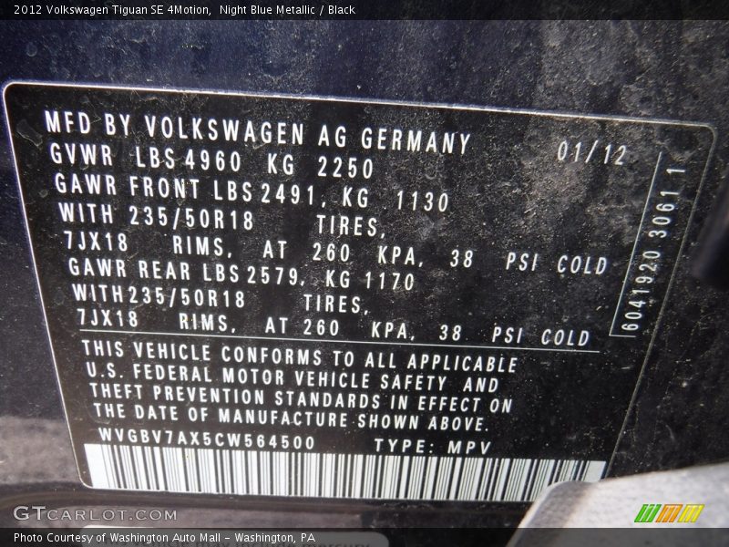 Night Blue Metallic / Black 2012 Volkswagen Tiguan SE 4Motion