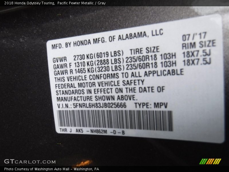Pacific Pewter Metallic / Gray 2018 Honda Odyssey Touring