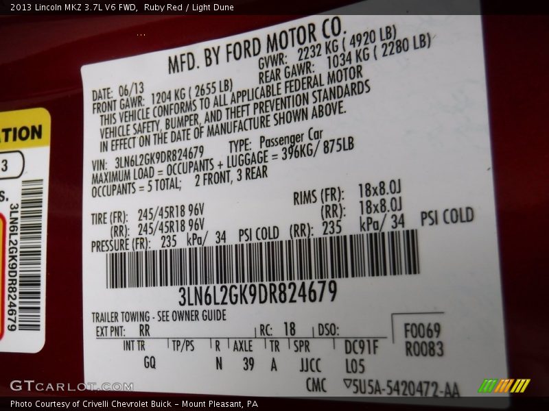 Ruby Red / Light Dune 2013 Lincoln MKZ 3.7L V6 FWD