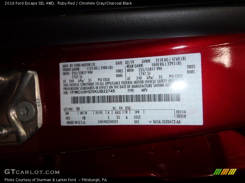 Ruby Red / Chromite Gray/Charcoal Black 2019 Ford Escape SEL 4WD