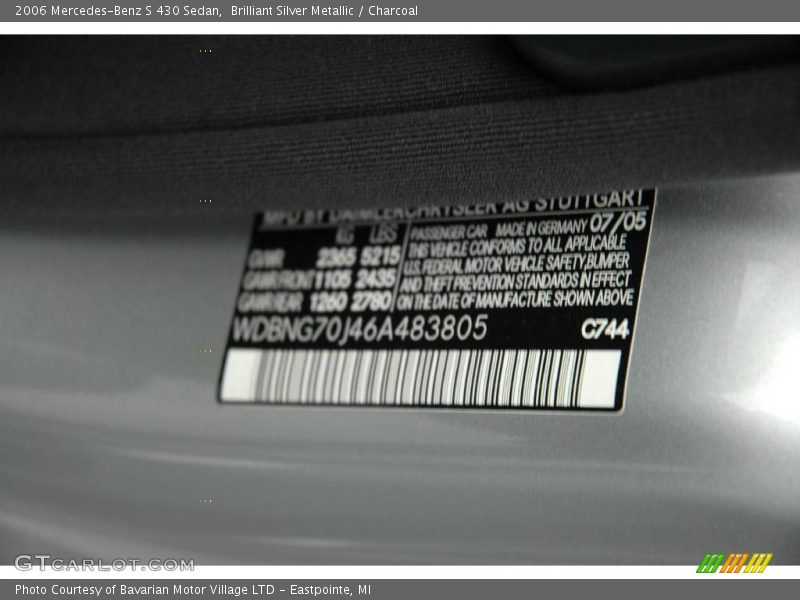 Brilliant Silver Metallic / Charcoal 2006 Mercedes-Benz S 430 Sedan