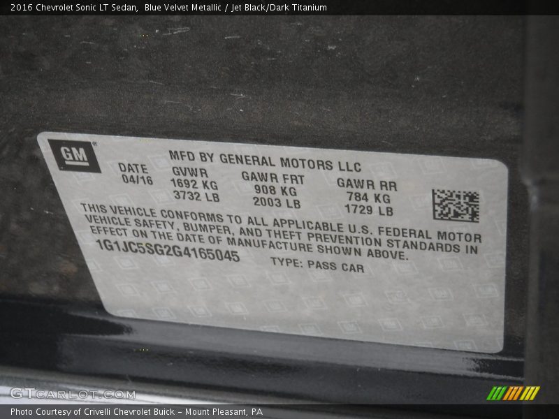Blue Velvet Metallic / Jet Black/Dark Titanium 2016 Chevrolet Sonic LT Sedan