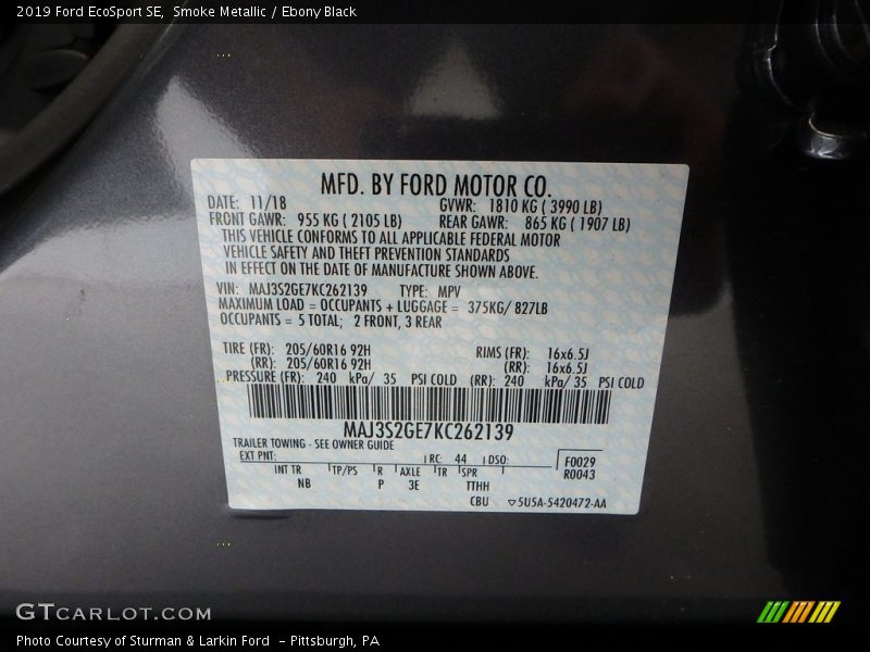 Smoke Metallic / Ebony Black 2019 Ford EcoSport SE