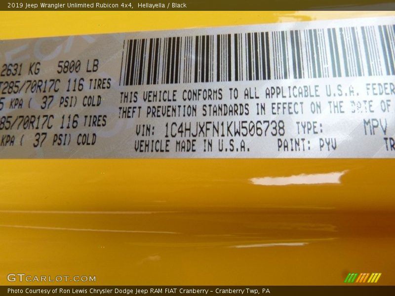 2019 Wrangler Unlimited Rubicon 4x4 Hellayella Color Code PYV
