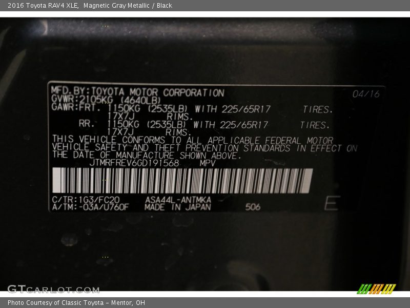 Magnetic Gray Metallic / Black 2016 Toyota RAV4 XLE