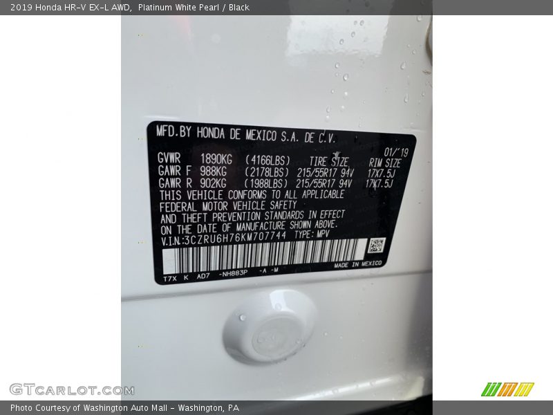 Platinum White Pearl / Black 2019 Honda HR-V EX-L AWD