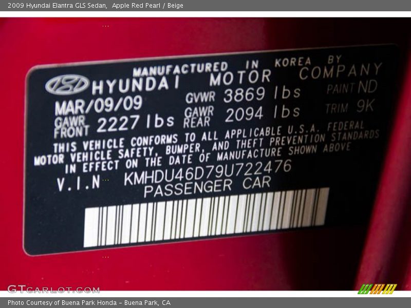 Apple Red Pearl / Beige 2009 Hyundai Elantra GLS Sedan