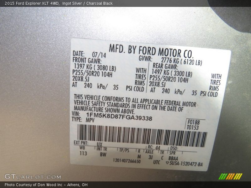 Ingot Silver / Charcoal Black 2015 Ford Explorer XLT 4WD