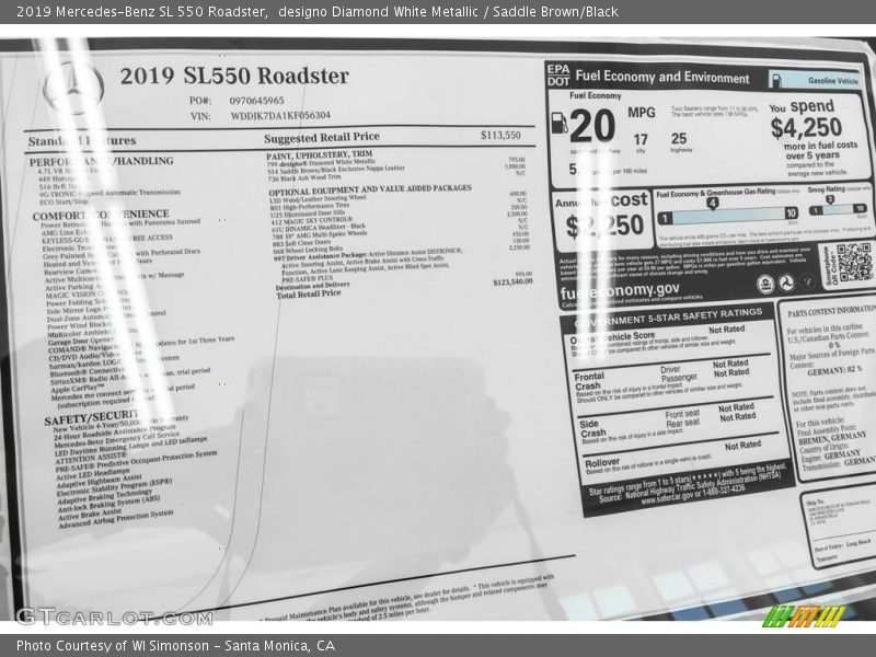  2019 SL 550 Roadster Window Sticker