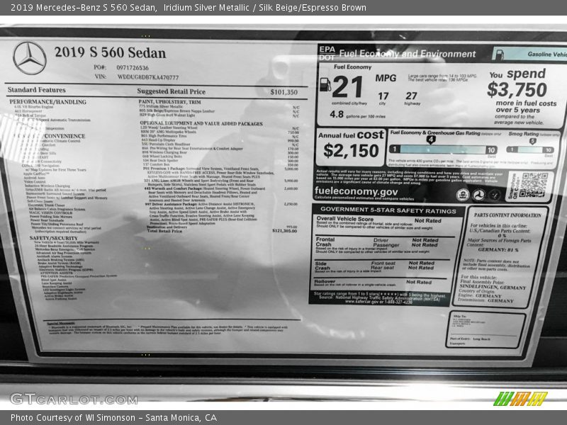 Iridium Silver Metallic / Silk Beige/Espresso Brown 2019 Mercedes-Benz S 560 Sedan