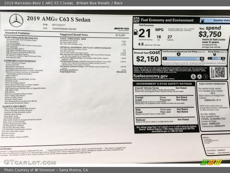  2019 C AMG 63 S Sedan Window Sticker