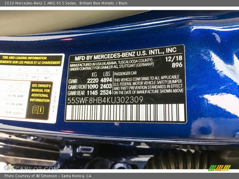 2019 C AMG 63 S Sedan Brilliant Blue Metallic Color Code 896