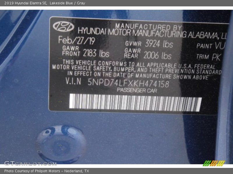 Lakeside Blue / Gray 2019 Hyundai Elantra SE