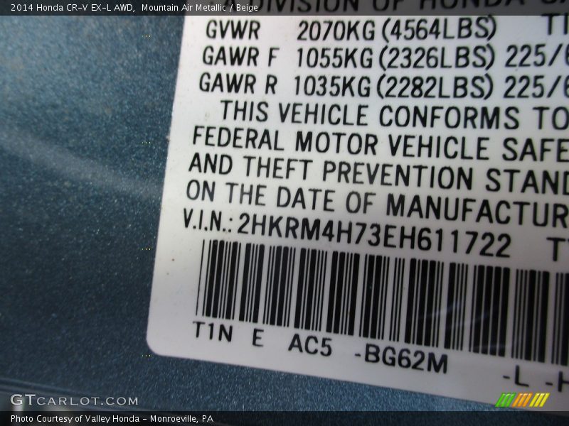 Mountain Air Metallic / Beige 2014 Honda CR-V EX-L AWD