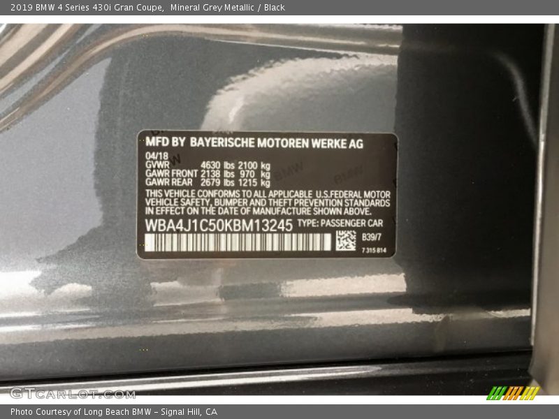 Mineral Grey Metallic / Black 2019 BMW 4 Series 430i Gran Coupe
