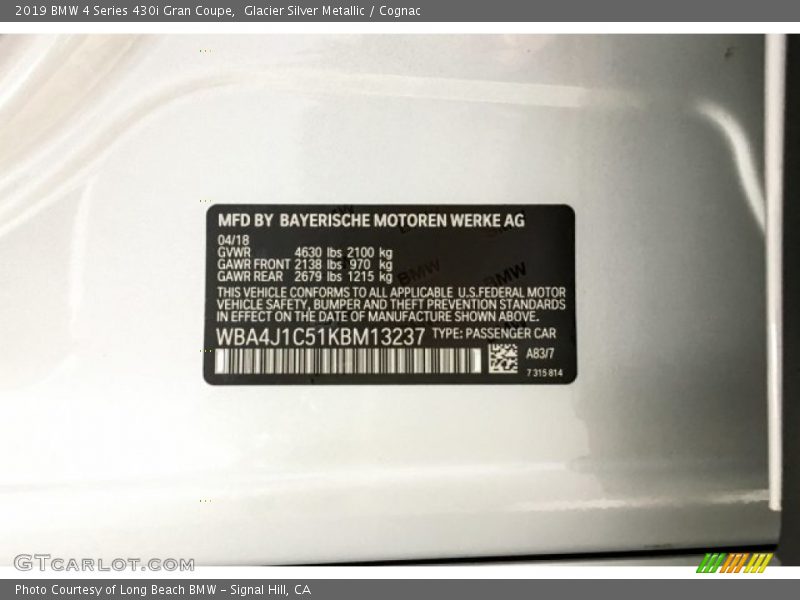 Glacier Silver Metallic / Cognac 2019 BMW 4 Series 430i Gran Coupe