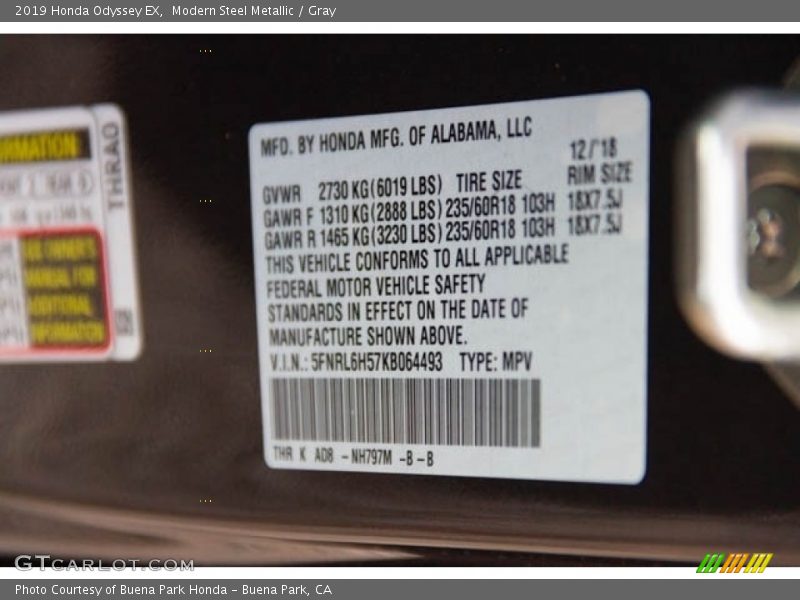 Modern Steel Metallic / Gray 2019 Honda Odyssey EX