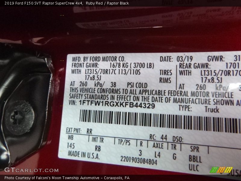 2019 F150 SVT Raptor SuperCrew 4x4 Ruby Red Color Code RR