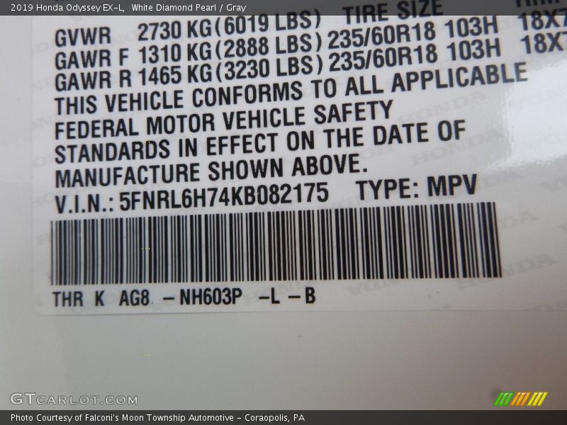 White Diamond Pearl / Gray 2019 Honda Odyssey EX-L