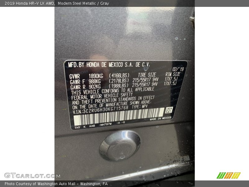 Modern Steel Metallic / Gray 2019 Honda HR-V LX AWD