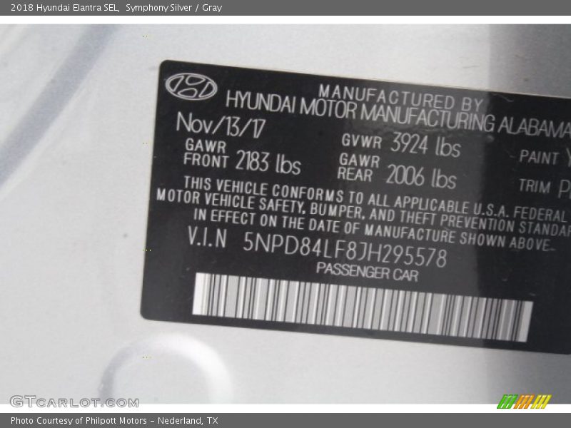 Symphony Silver / Gray 2018 Hyundai Elantra SEL