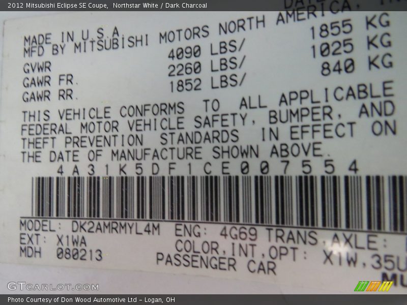 Northstar White / Dark Charcoal 2012 Mitsubishi Eclipse SE Coupe
