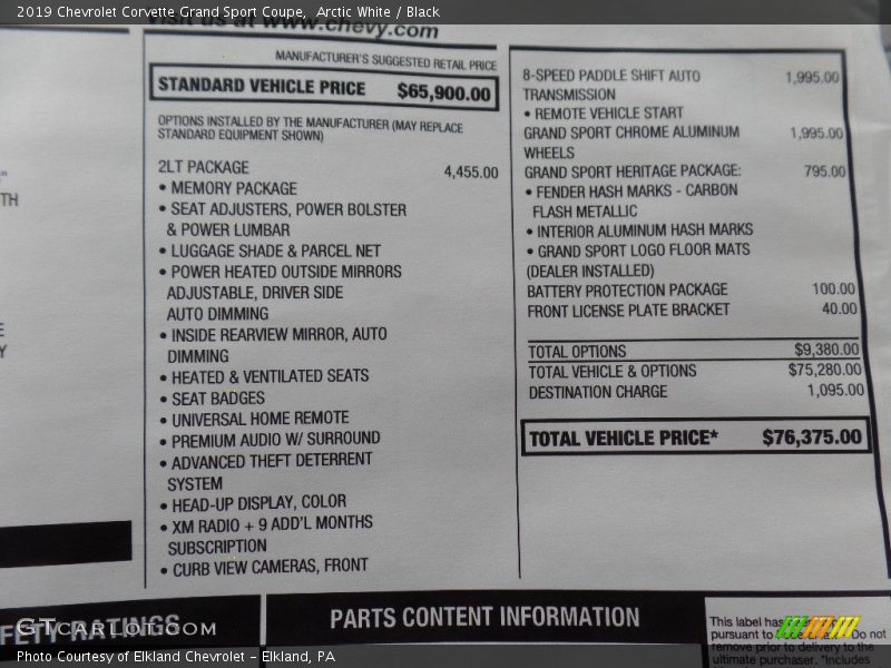 Arctic White / Black 2019 Chevrolet Corvette Grand Sport Coupe