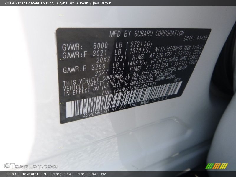 Crystal White Pearl / Java Brown 2019 Subaru Ascent Touring