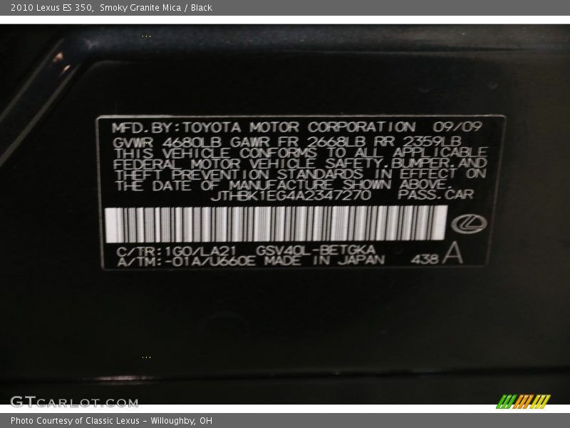 Smoky Granite Mica / Black 2010 Lexus ES 350