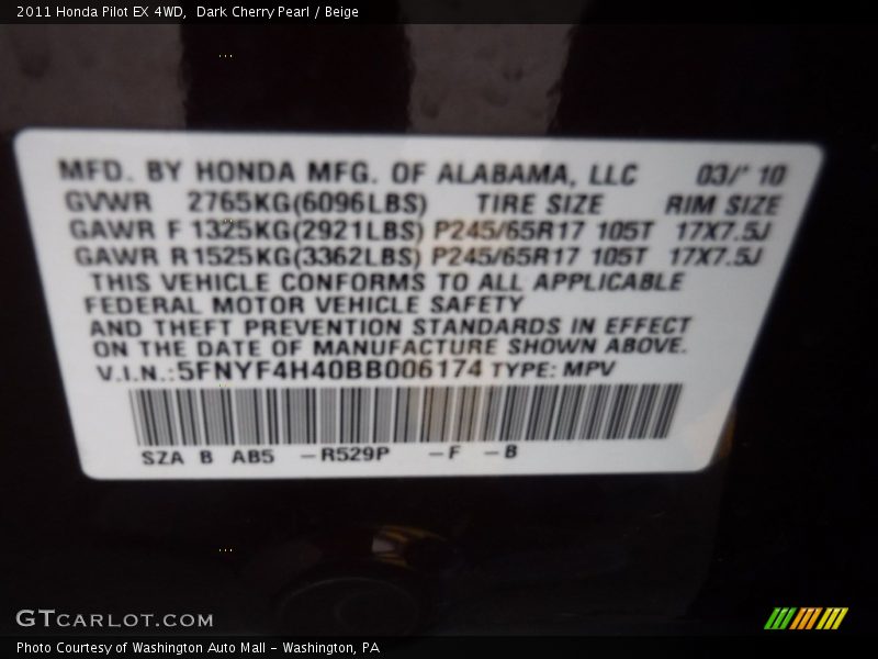 Dark Cherry Pearl / Beige 2011 Honda Pilot EX 4WD