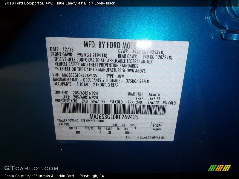 Blue Candy Metallic / Ebony Black 2019 Ford EcoSport SE 4WD