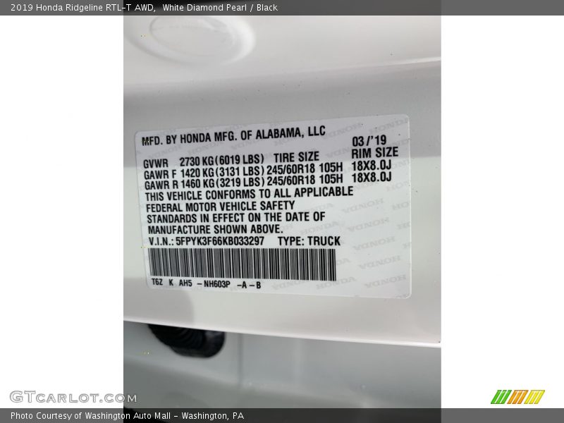 White Diamond Pearl / Black 2019 Honda Ridgeline RTL-T AWD