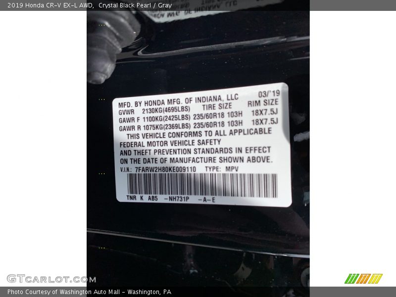 Crystal Black Pearl / Gray 2019 Honda CR-V EX-L AWD