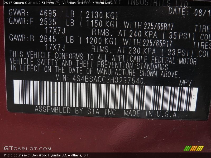 Venetian Red Pearl / Warm Ivory 2017 Subaru Outback 2.5i Premium