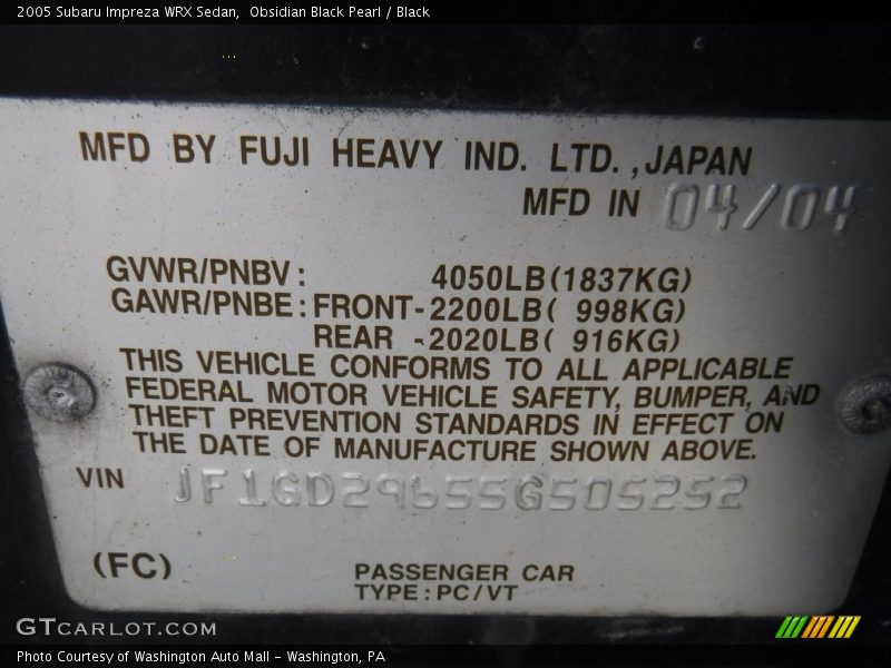 Obsidian Black Pearl / Black 2005 Subaru Impreza WRX Sedan