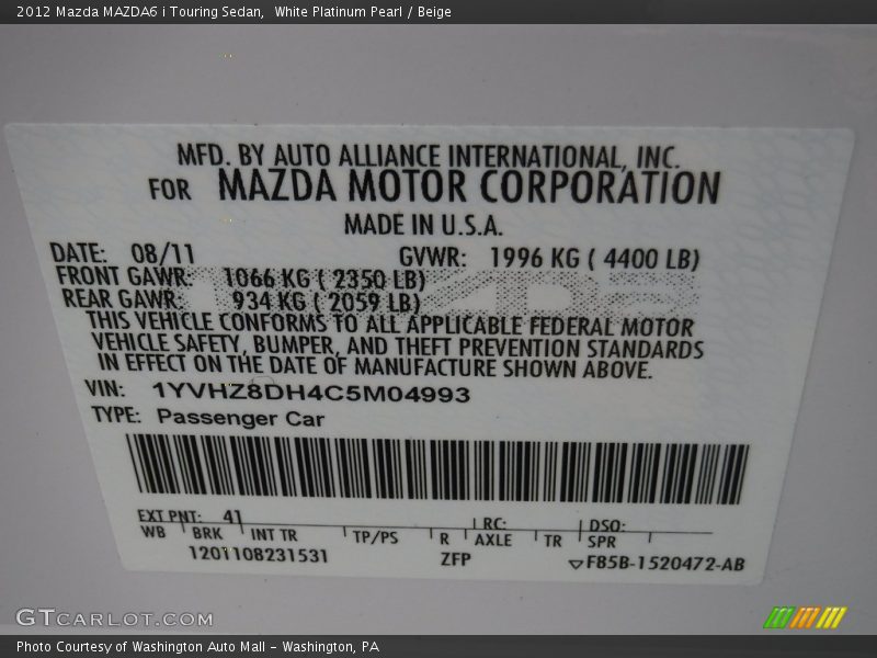White Platinum Pearl / Beige 2012 Mazda MAZDA6 i Touring Sedan