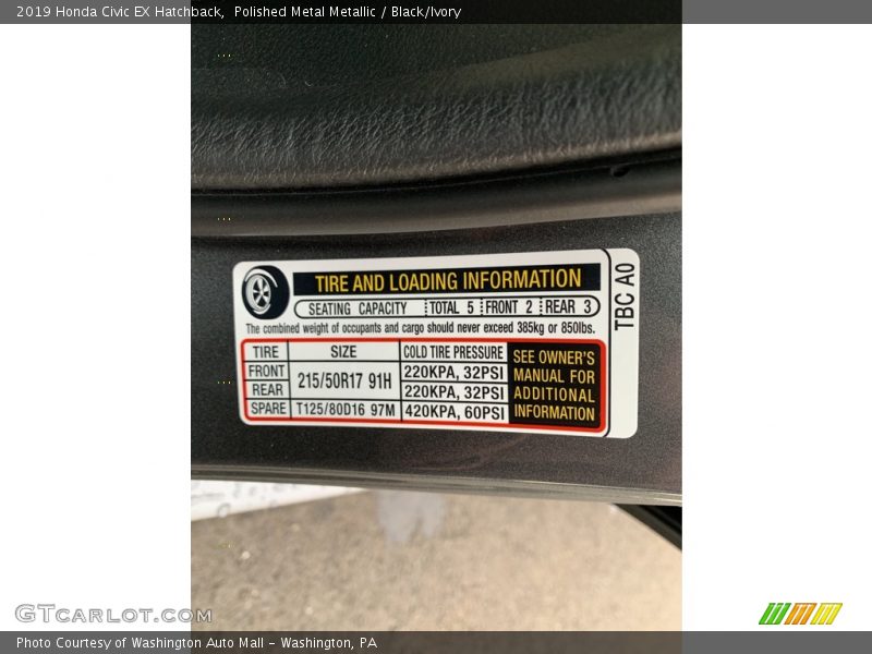 Polished Metal Metallic / Black/Ivory 2019 Honda Civic EX Hatchback