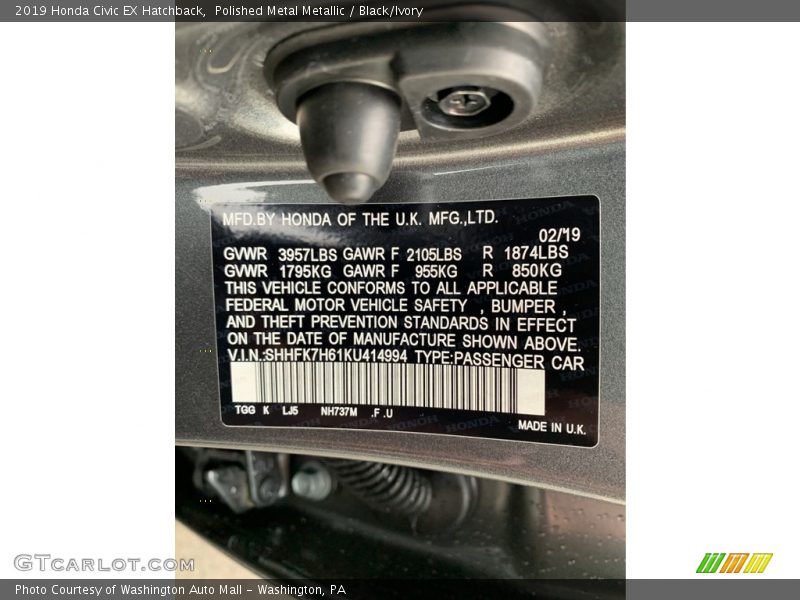 Polished Metal Metallic / Black/Ivory 2019 Honda Civic EX Hatchback