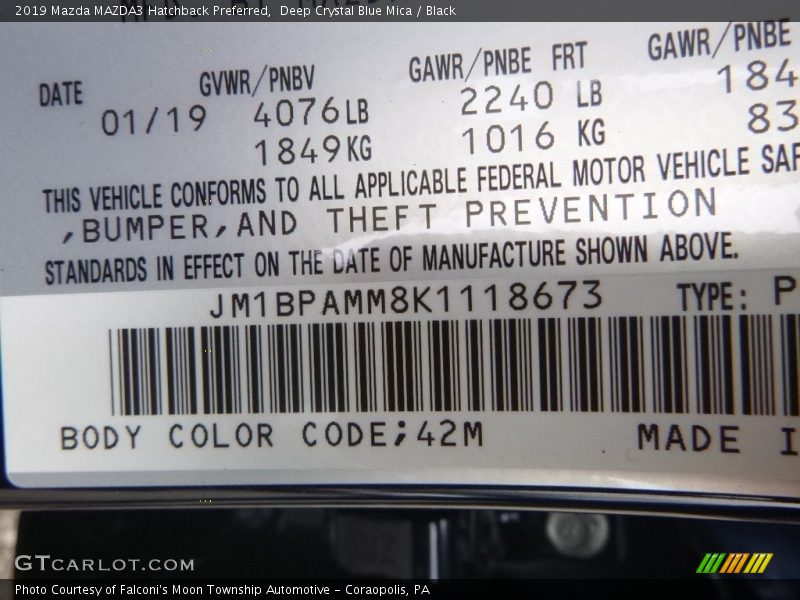 2019 MAZDA3 Hatchback Preferred Deep Crystal Blue Mica Color Code 42M
