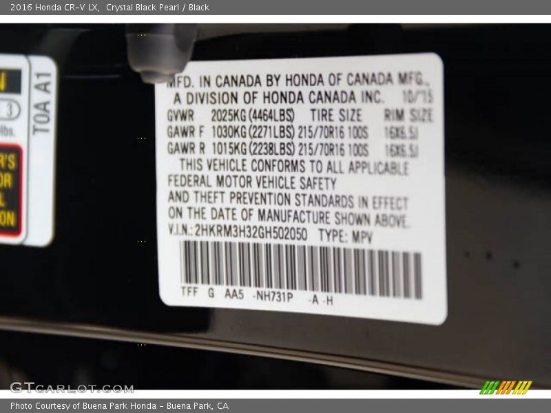 Crystal Black Pearl / Black 2016 Honda CR-V LX