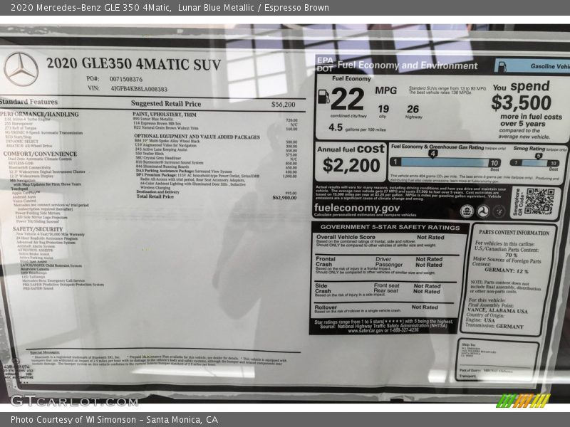  2020 GLE 350 4Matic Window Sticker