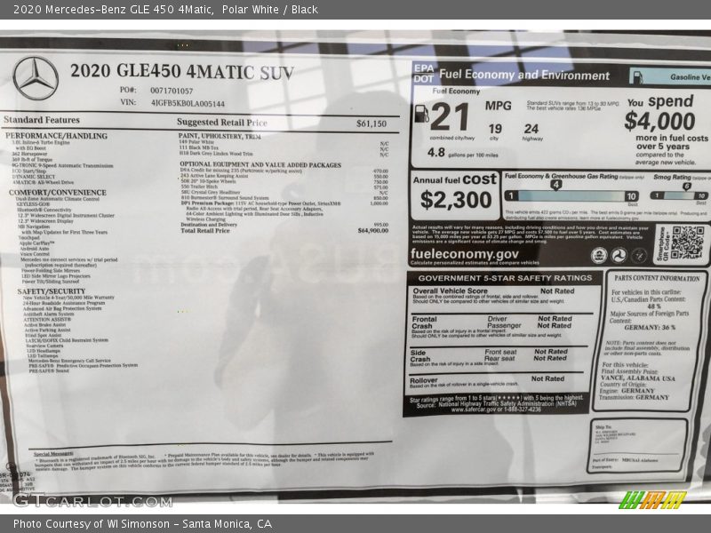  2020 GLE 450 4Matic Window Sticker