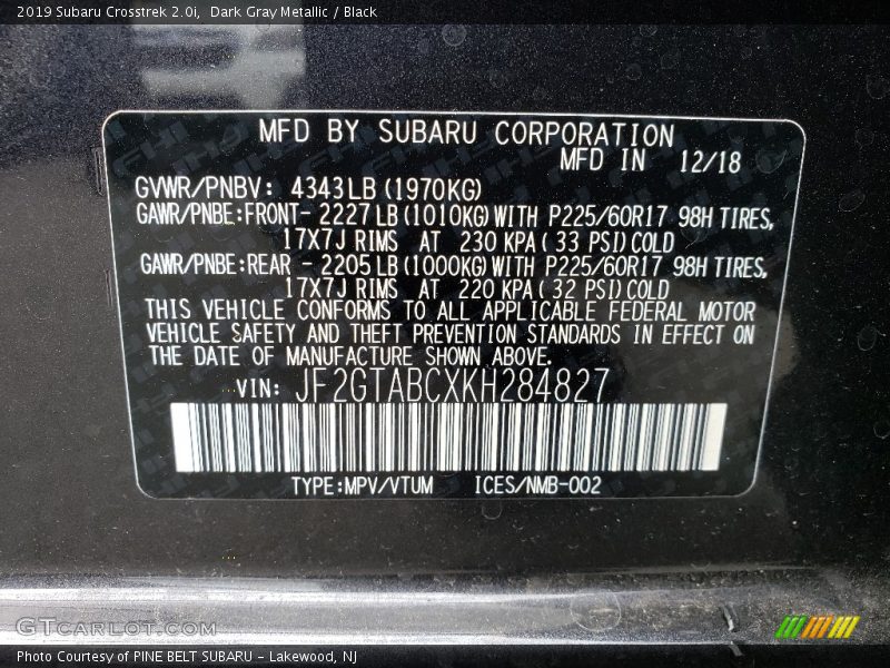 Dark Gray Metallic / Black 2019 Subaru Crosstrek 2.0i