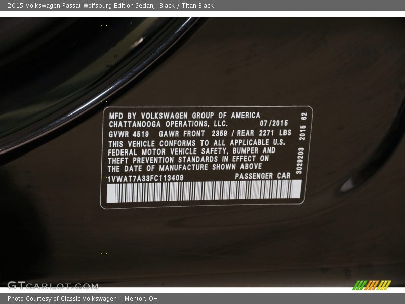 Black / Titan Black 2015 Volkswagen Passat Wolfsburg Edition Sedan