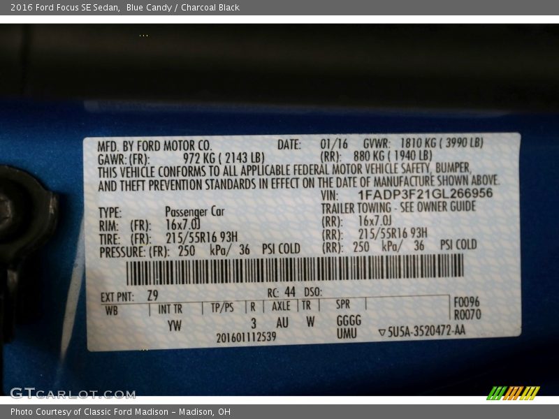 Blue Candy / Charcoal Black 2016 Ford Focus SE Sedan